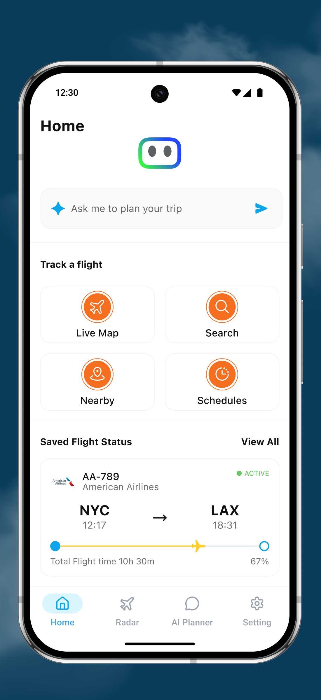 Flight tracker home screen